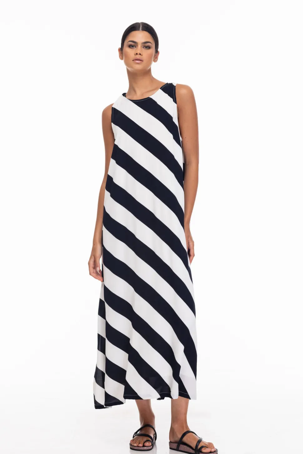 Finally Here Dress - Black/White Diagonal Stripe