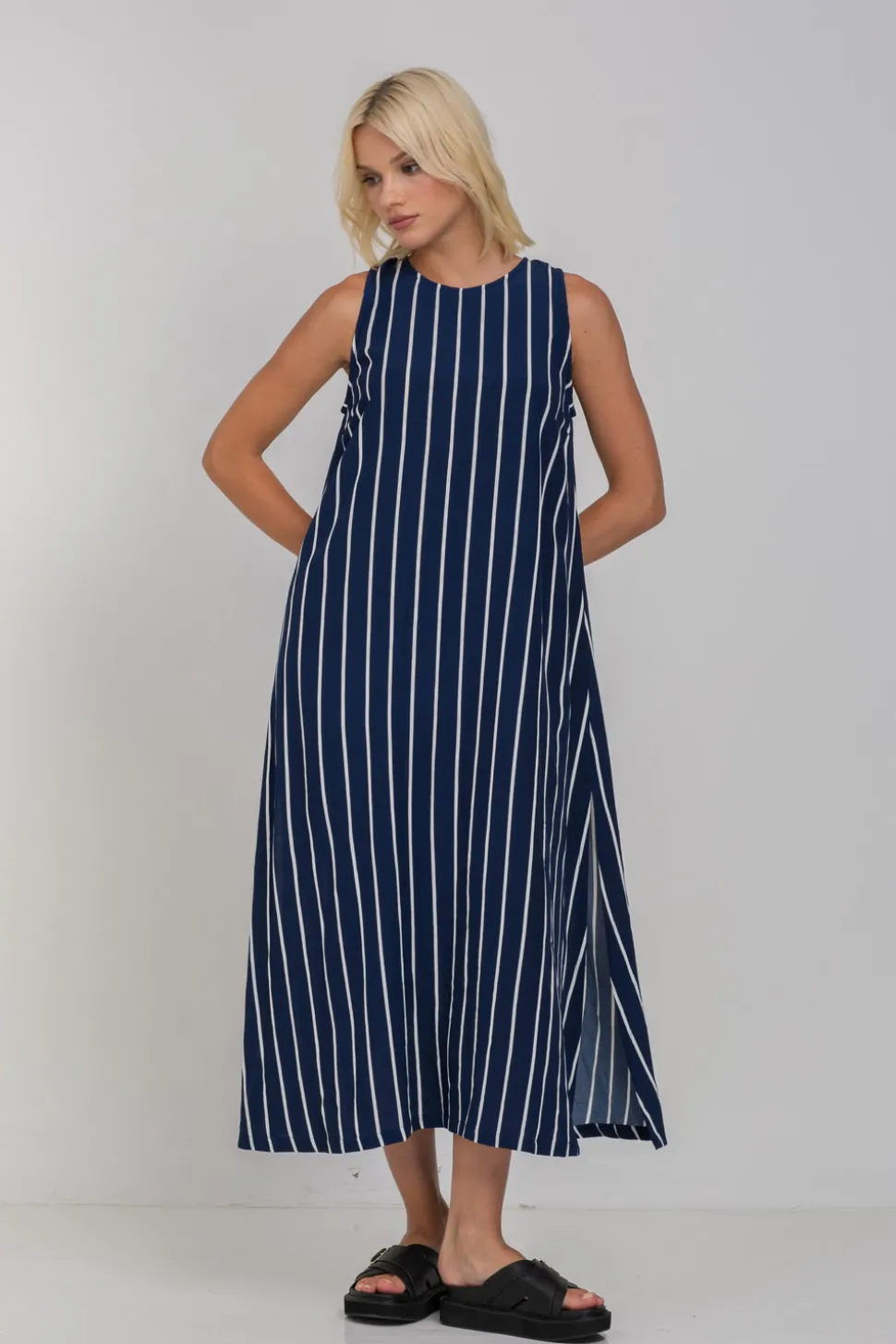 Finally Here Dress - Navy with White Pinstripe
