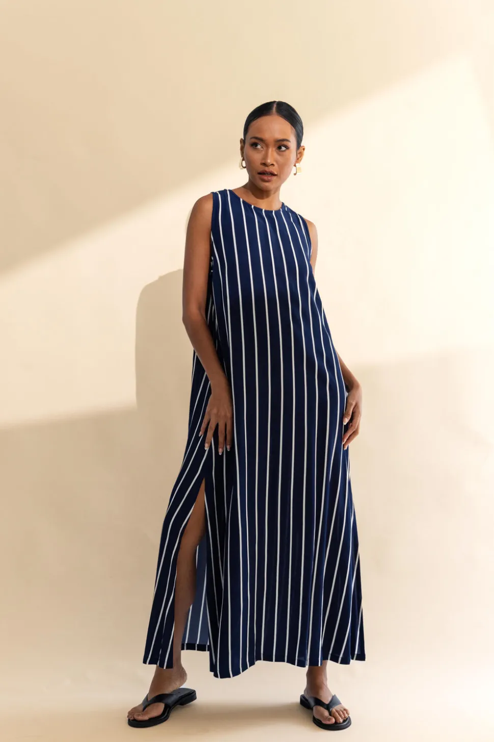 Finally Here Dress - Navy with White Pinstripe