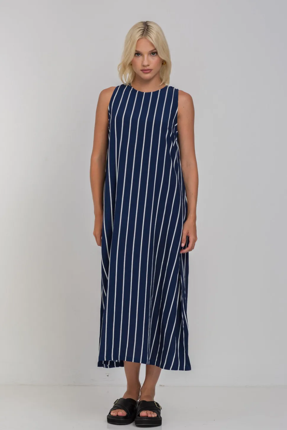 Finally Here Dress - Navy with White Pinstripe