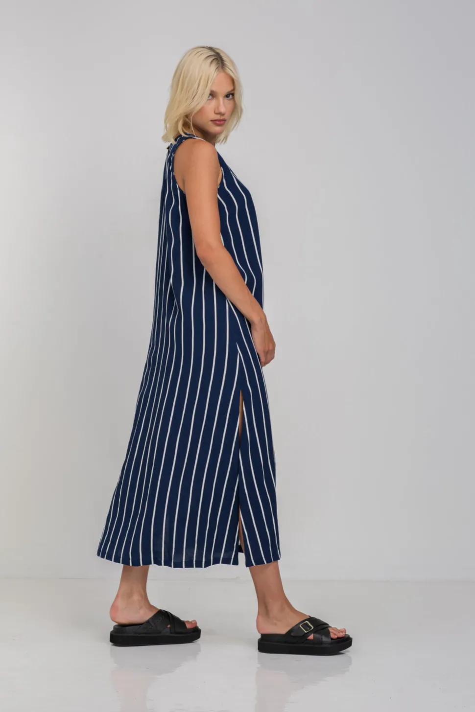 Finally Here Dress - Navy with White Pinstripe