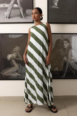H25/50663 Finally Here Dress - Dried Mint/Ivory Diagonal Stripe