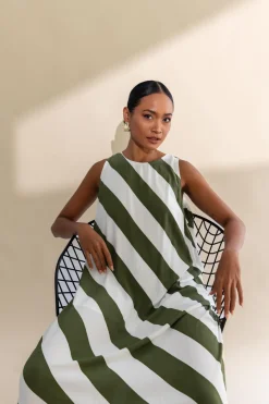 H25/50663 Finally Here Dress - Dried Mint/Ivory Diagonal Stripe