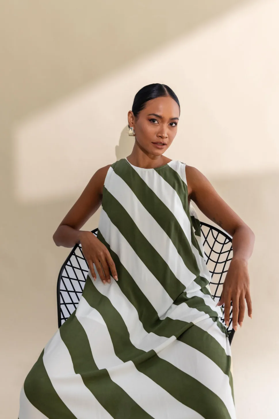H25/50663 Finally Here Dress - Dried Mint/Ivory Diagonal Stripe