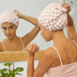 Kitsch Satin Lined Flexi Shower Cap - Terracotta Checker