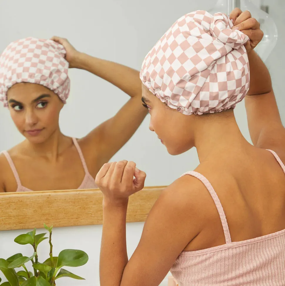 Kitsch Satin Lined Flexi Shower Cap - Terracotta Checker