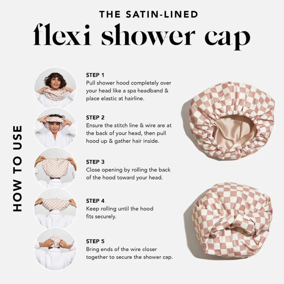 Kitsch Satin Lined Flexi Shower Cap - Terracotta Checker