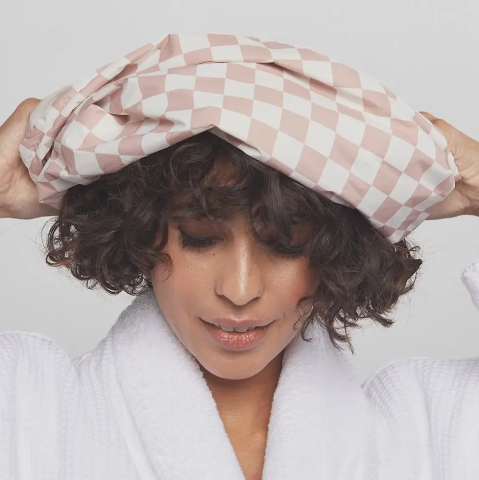 Kitsch Satin Lined Flexi Shower Cap - Terracotta Checker